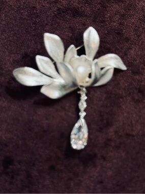 Silver Floral Drop Brooch with Crystal Teardrop